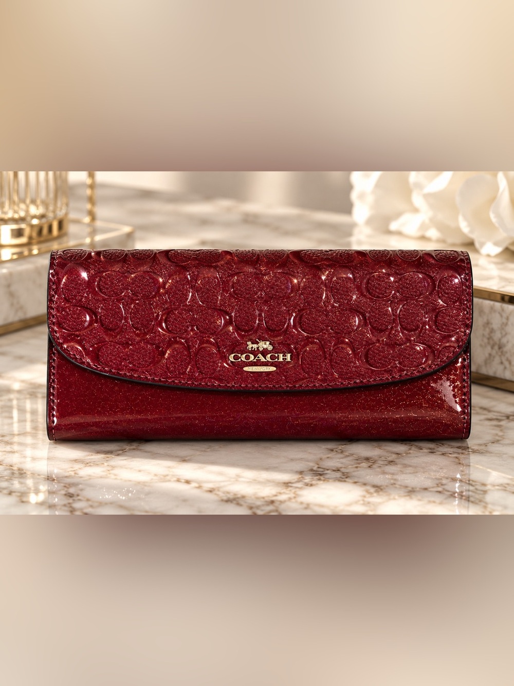 Coach Burgundy Glitter Signature C Embossed Patent Leather Wallet